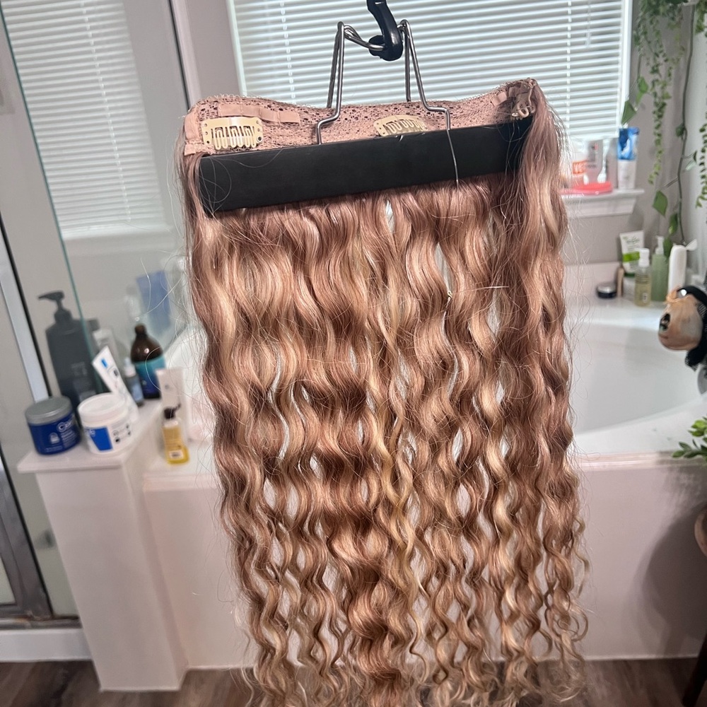 Blonde curly halo extensions